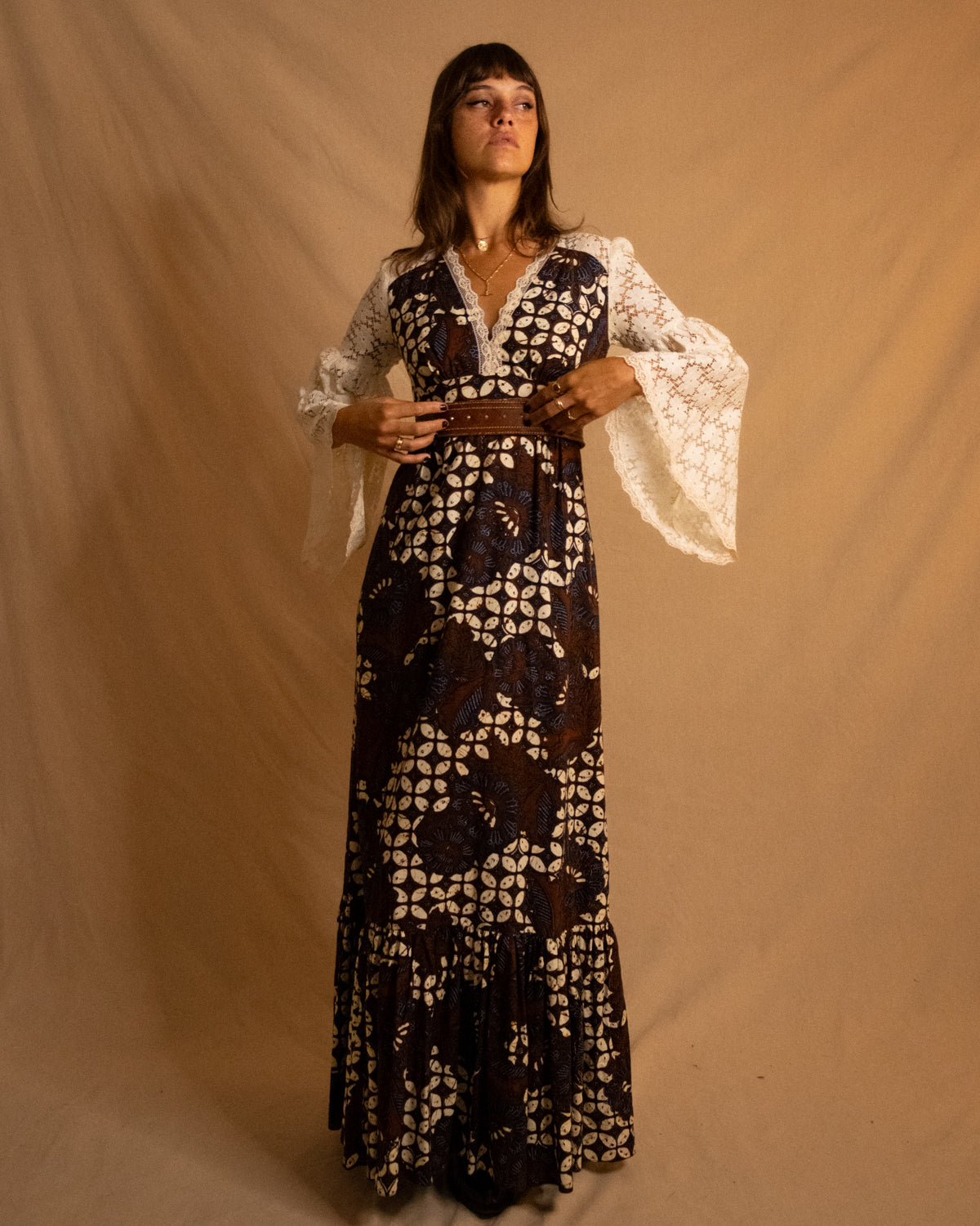 70s Patterned Maxi w Lace Bell Sleeves