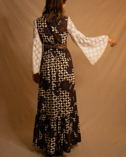 70s Patterned Maxi w Lace Bell Sleeves