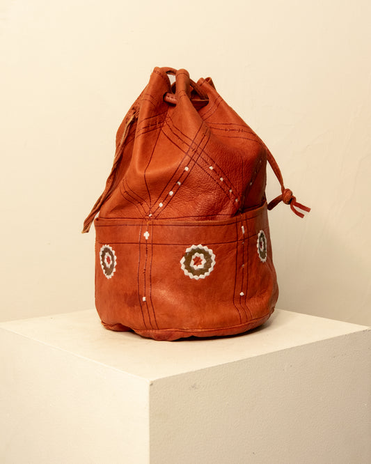 Vintage Rust Small Leather Drawstring Bag