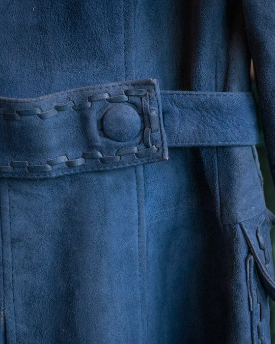 70s Vintage Blue Suede Trench Coat