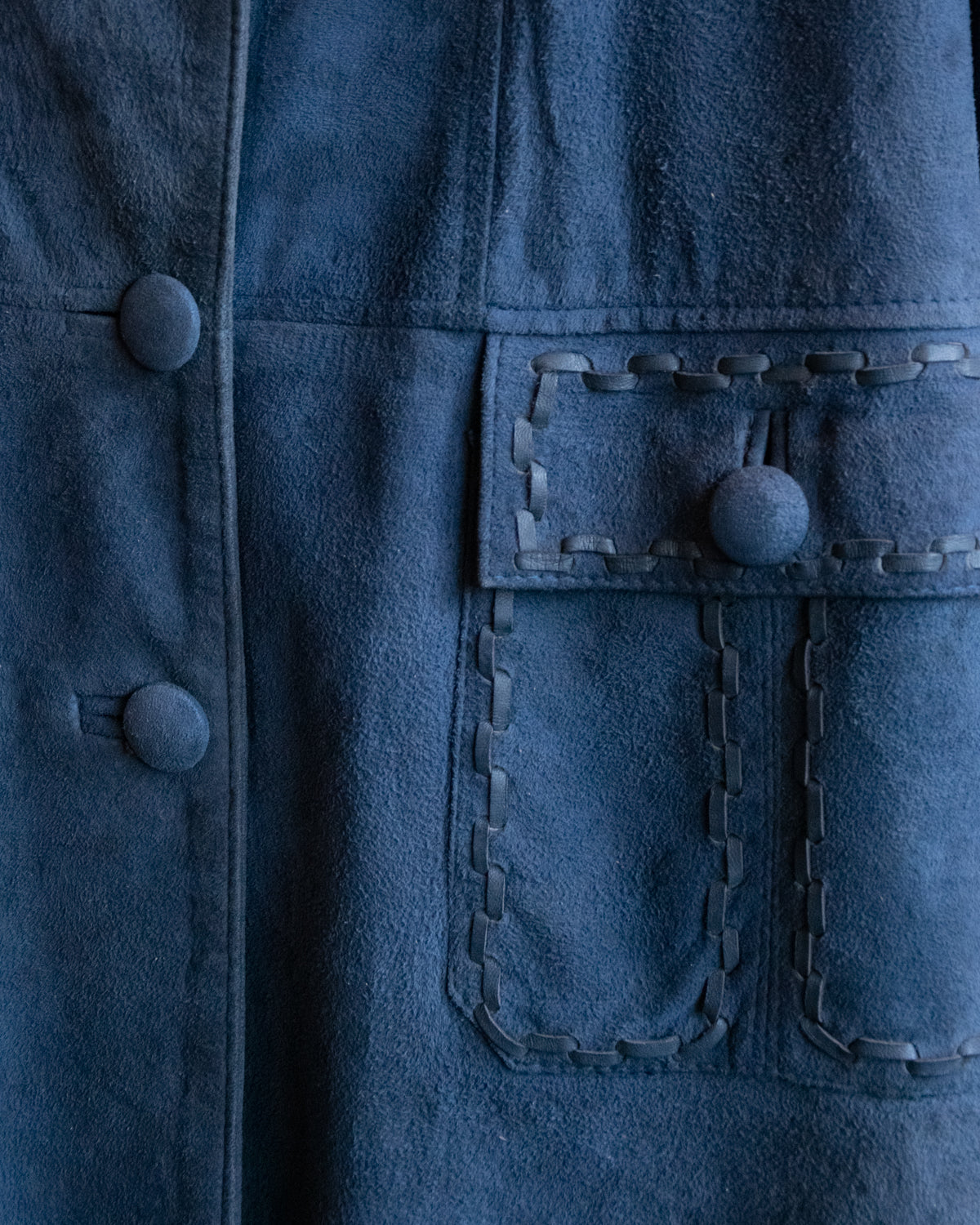 70s Vintage Blue Suede Trench Coat