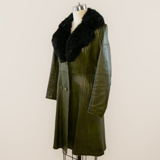 Vintage Green Leather Trench w Fur Collar