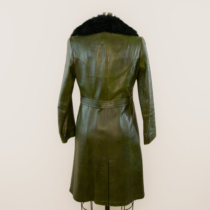 Vintage Green Leather Trench w Fur Collar