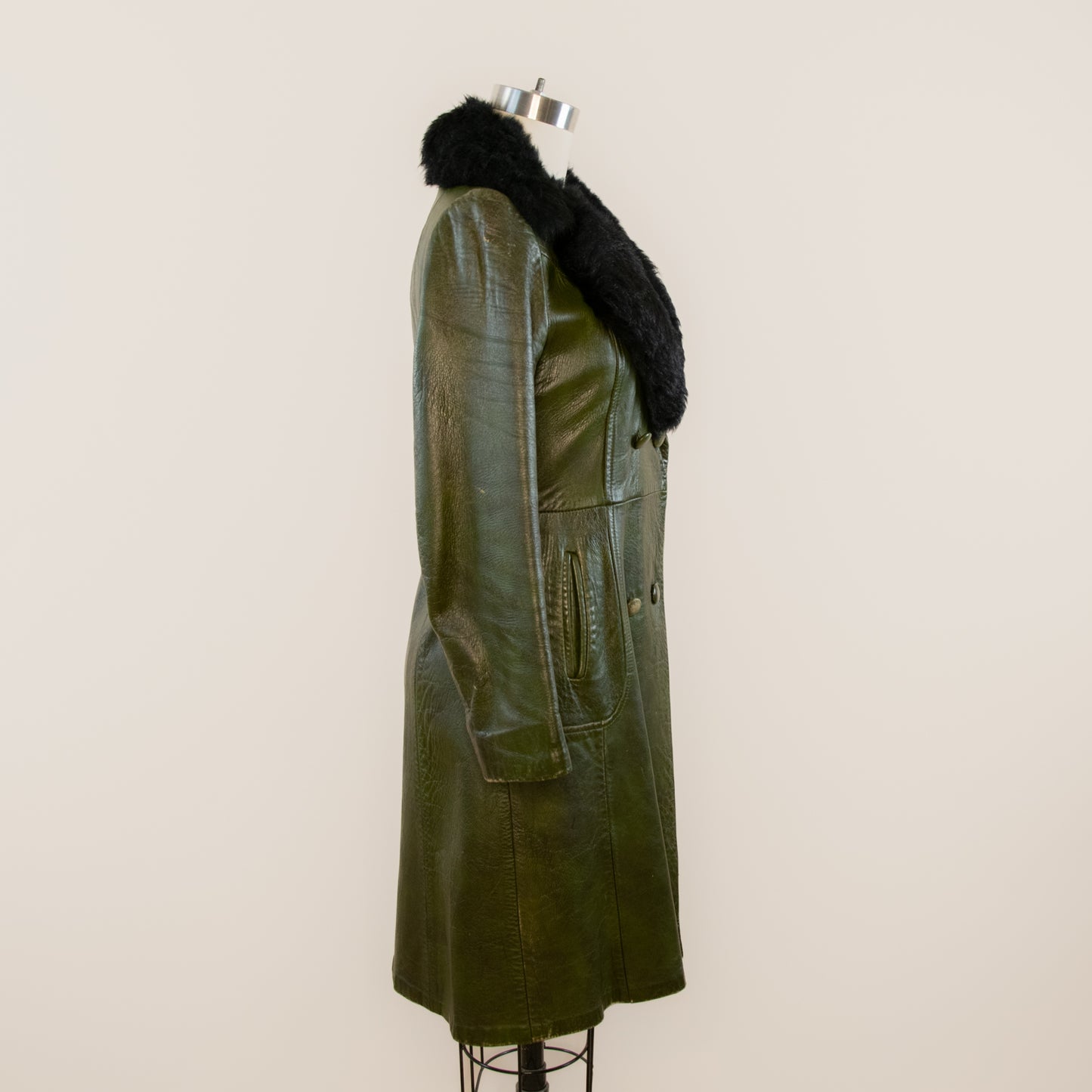 Vintage Green Leather Trench w Fur Collar
