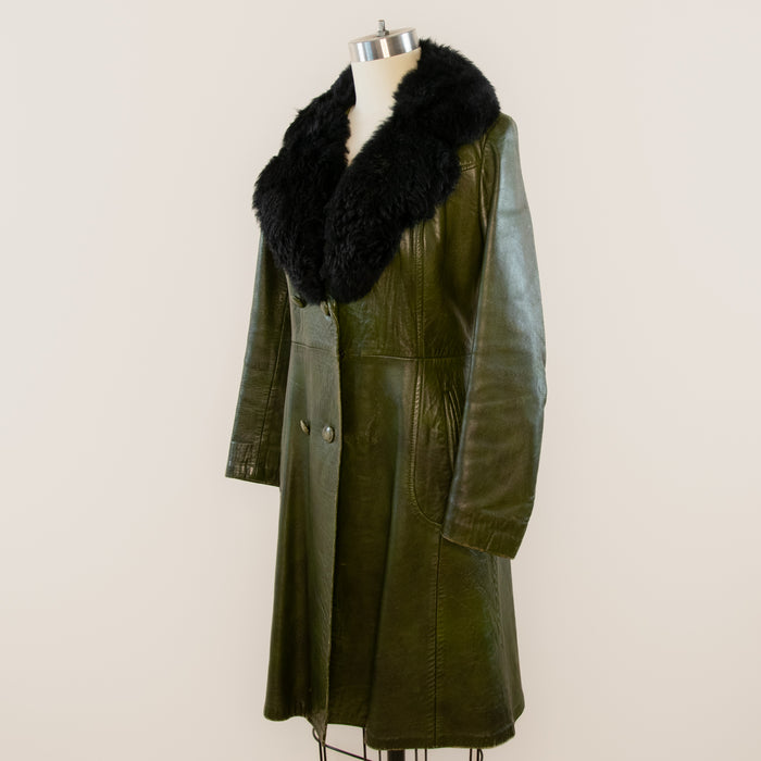 Vintage Green Leather Trench w Fur Collar