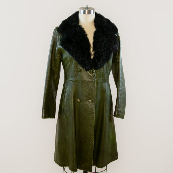 Vintage Green Leather Trench w Fur Collar