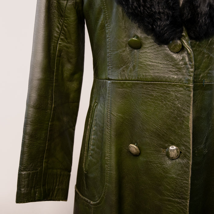 Vintage Green Leather Trench w Fur Collar