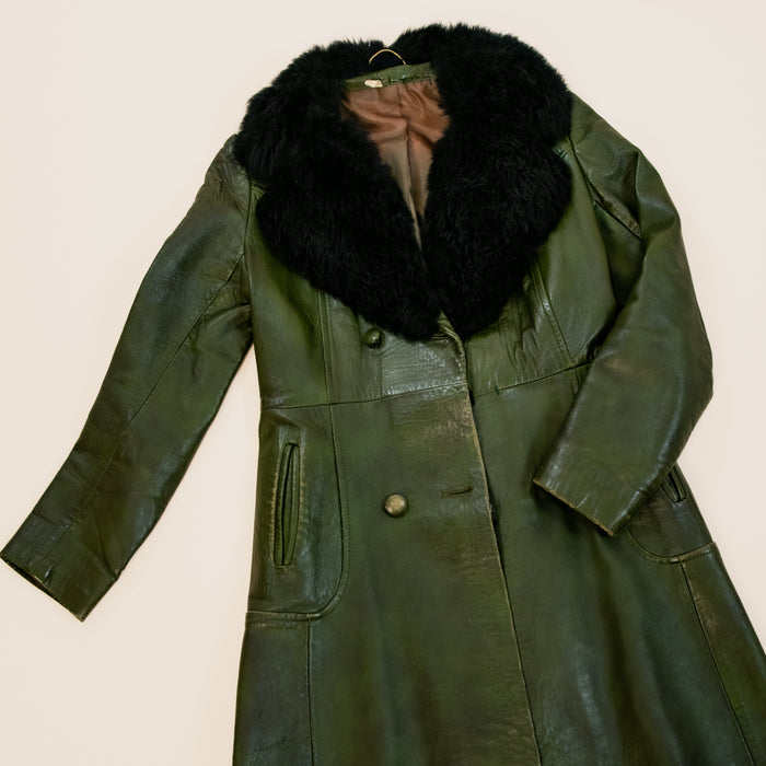 Vintage Green Leather Trench w Fur Collar