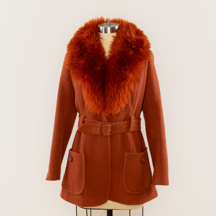 Vintage Red Wool Coat w Shearling Collar