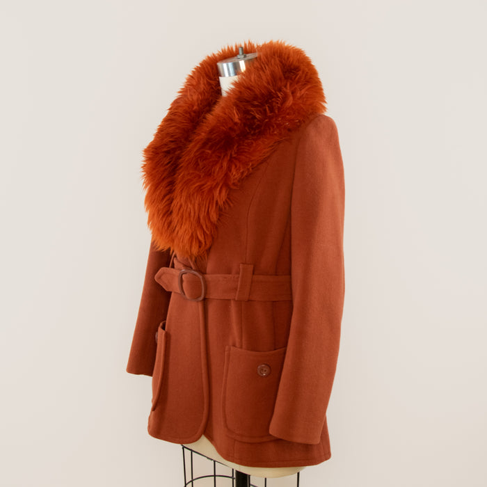 Vintage Red Wool Coat w Shearling Collar