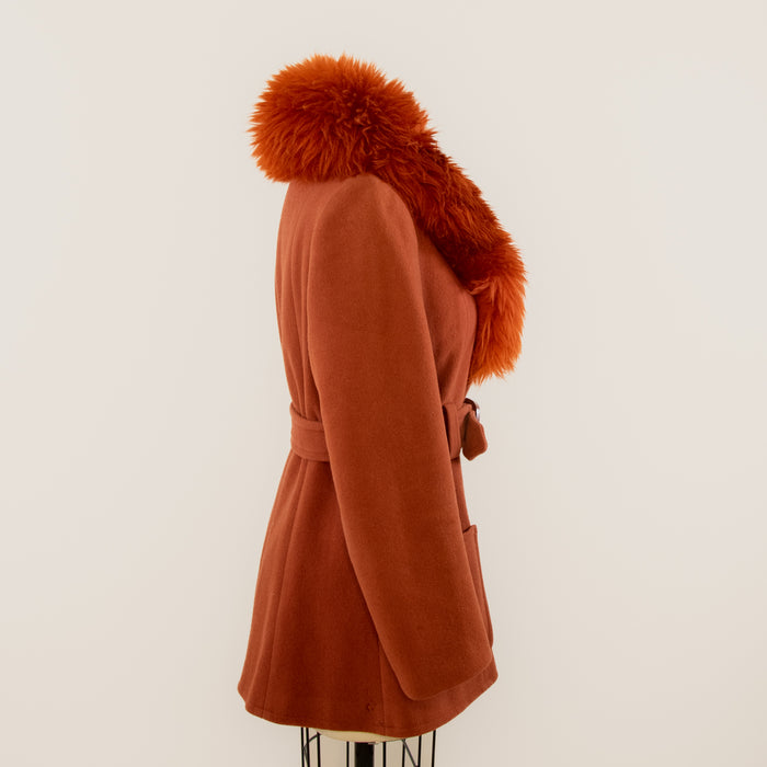 Vintage Red Wool Coat w Shearling Collar