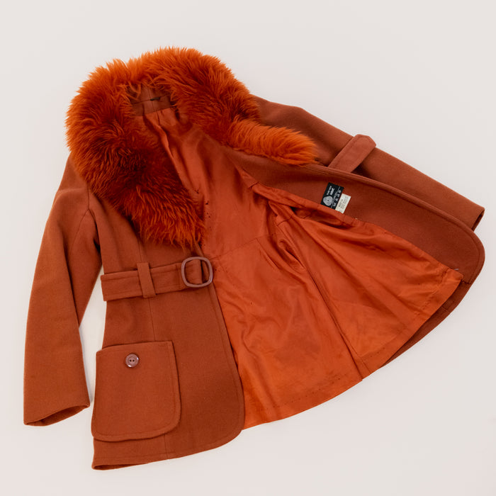 Vintage Red Wool Coat w Shearling Collar