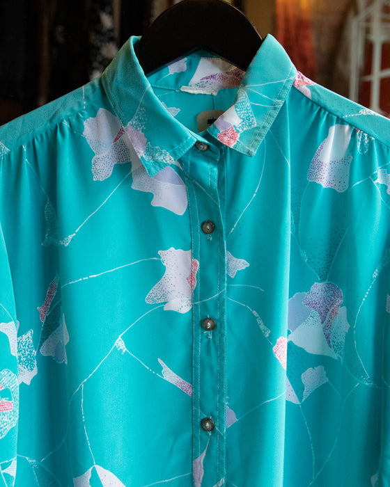 Retro Cyan Patterned LS Blouse
