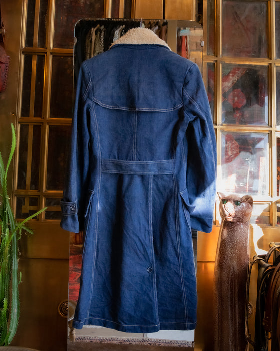 Vintage Denim Trench Coat with Sherpa Collar