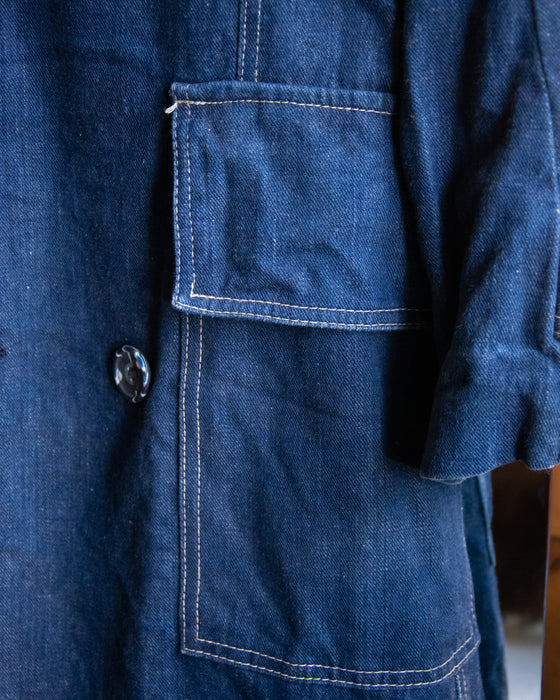 Vintage Denim Trench Coat with Sherpa Collar