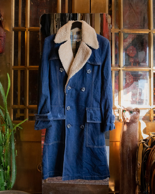 Vintage Denim Trench Coat with Sherpa Collar