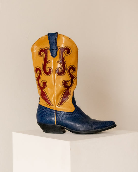 Mustard Blue Snakeskin Cowboy Boots W8