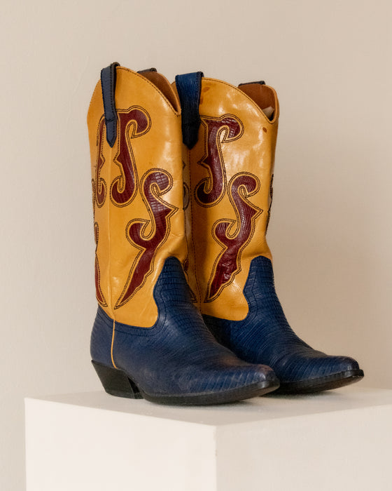 Mustard Blue Snakeskin Cowboy Boots W8
