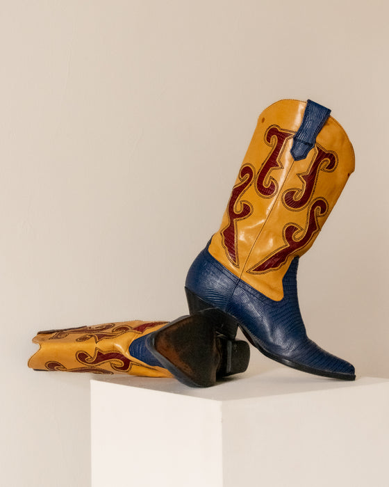 Mustard Blue Snakeskin Cowboy Boots W8