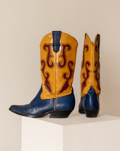 Mustard Blue Snakeskin Cowboy Boots W8