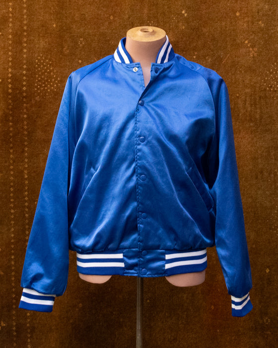 Retro Blue Satin Bomber Jacket