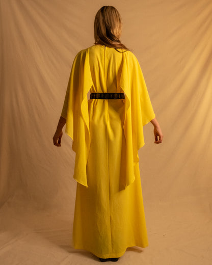 70s Yellow Cape Sleeve Maxi Dress