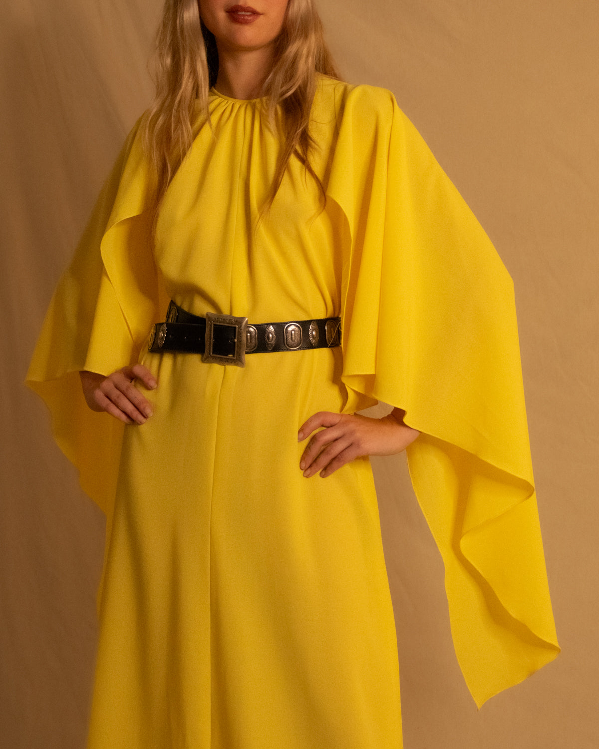70s Yellow Cape Sleeve Maxi Dress