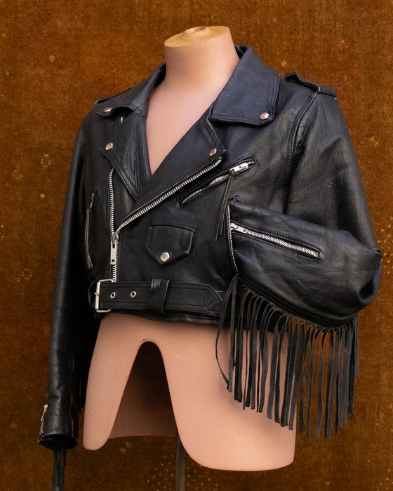 Vintage Crop Fringed Motorcycle Jacket