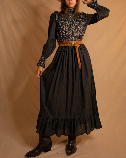 70s Black Spotted Prairie Dress