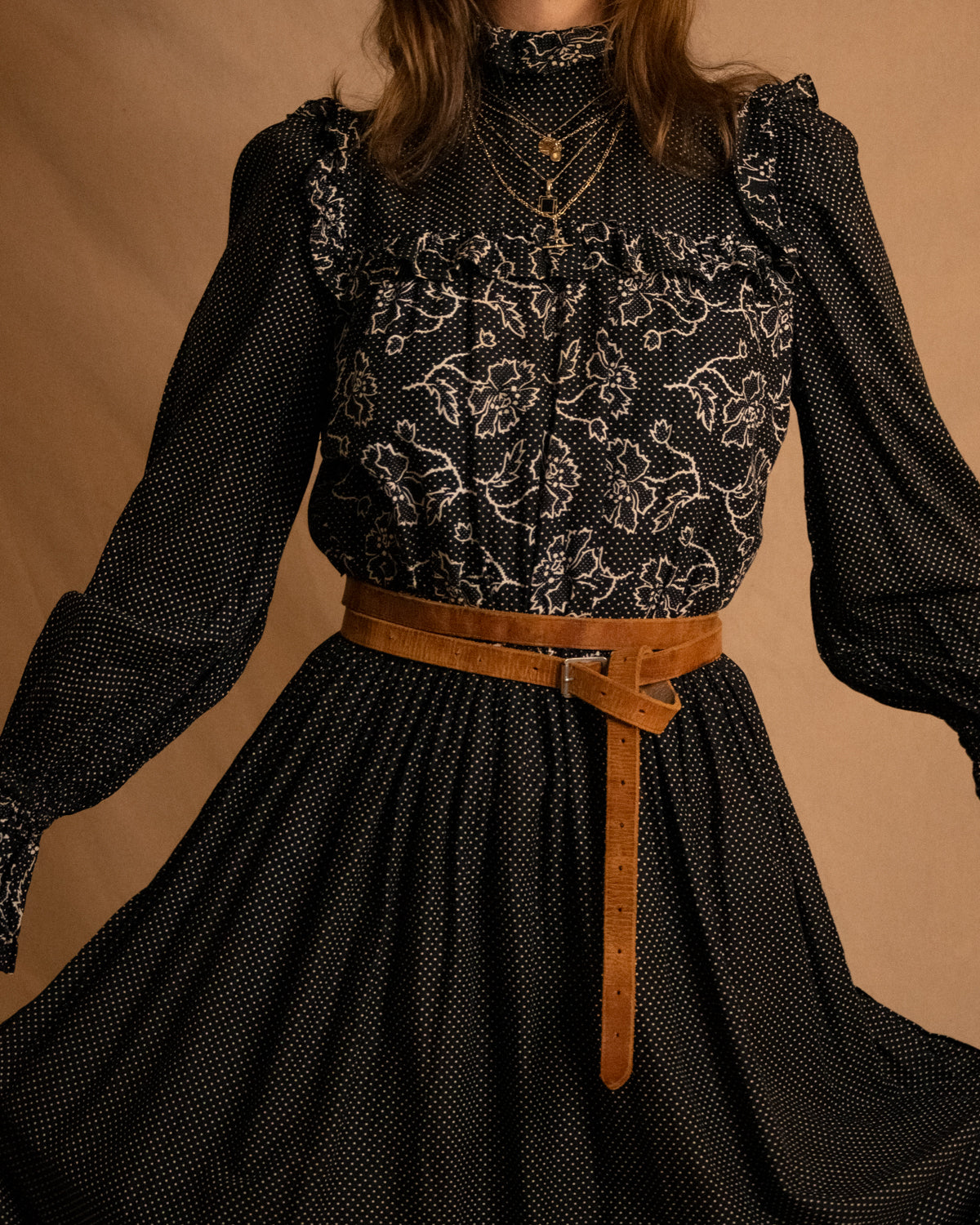 70s Black Spotted Prairie Dress