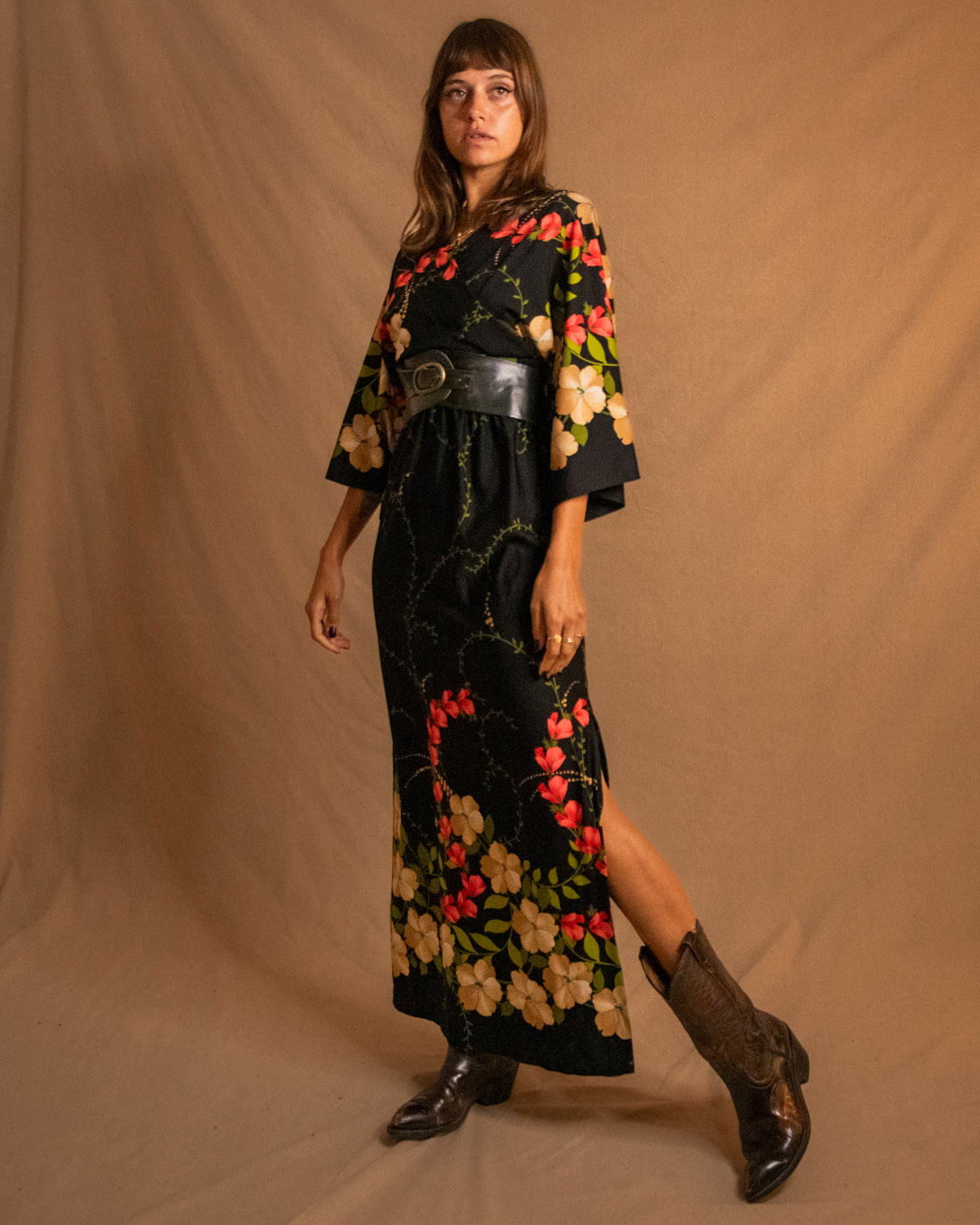70s Ralston Black Floral Maxi Dress