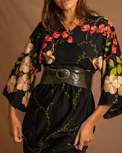 70s Ralston Black Floral Maxi Dress