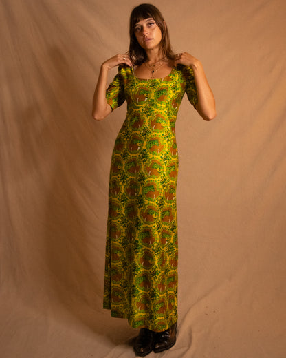 70s Retro Yellow Green Maxi Dress