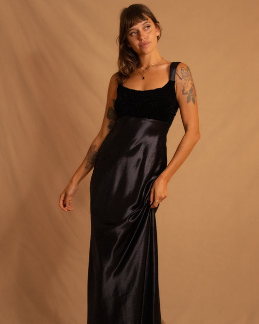 Chenille Satin Black Maxi Dress