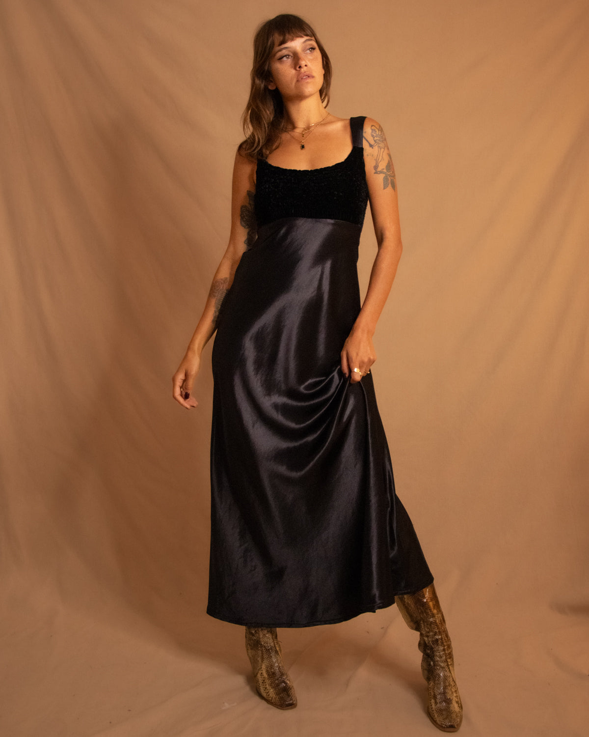 Chenille Satin Black Maxi Dress