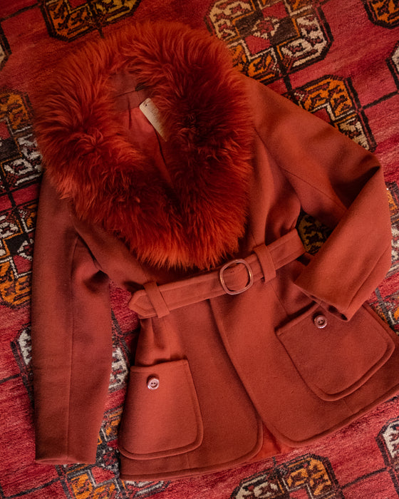 Vintage Red Wool Coat w Shearling Collar