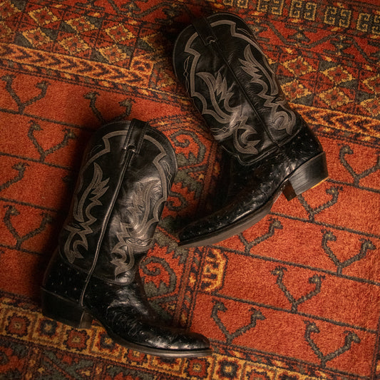 Black Ostrich Leather Cowboy Boots 10M