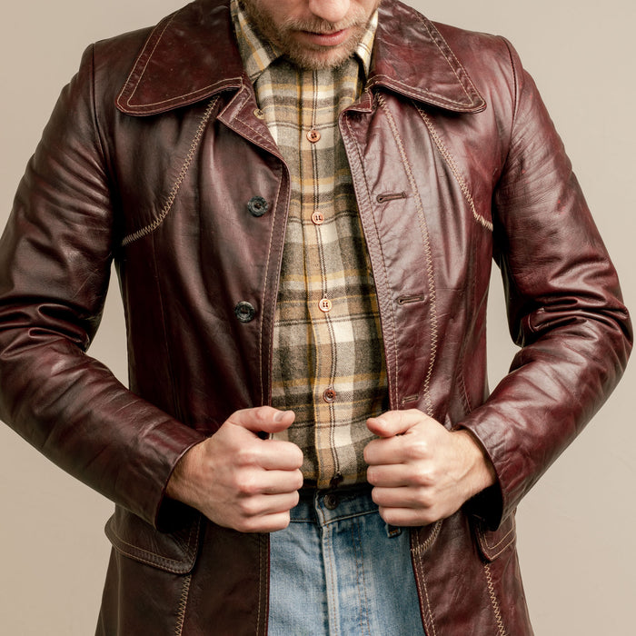 Mens Vintage 70s Burgundy Leather Jacket