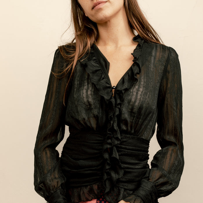 Sheer Black Ruched Blouse